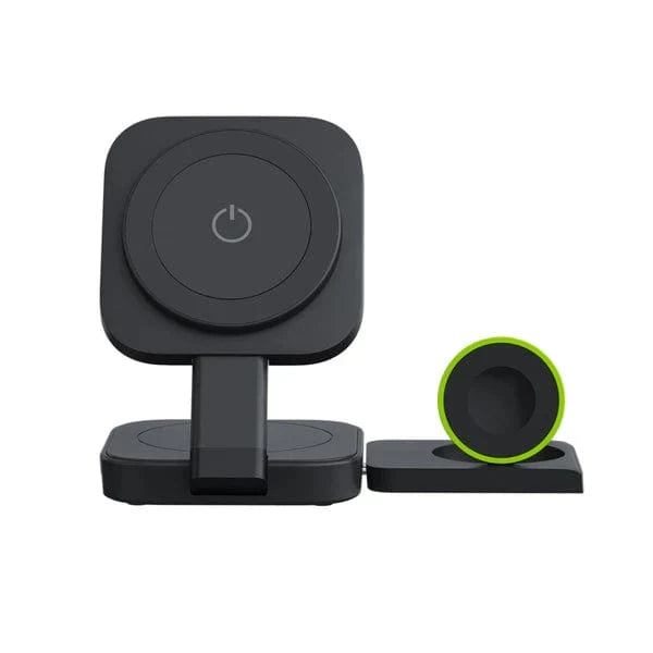 Goui BEND 3in1 Foldable Wireless Charger – Chargeur sans fil pliable permettant de recharger simultanément un smartphone (jusqu'à 15W), une Apple Watch (2,5W) et des écouteurs compatibles (5W). Son design compact et pliable facilite le transport et le rangement.