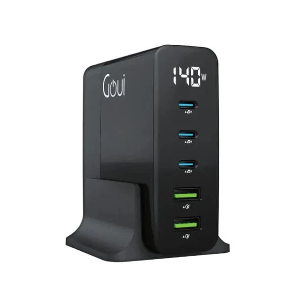 Goui GAN 140 Chargeur de Bureau à 5 Ports - 140W, chargeur haute puissance, ports USB multiples pour charge rapide, design compact, idéal pour bureaux et environnements professionnels avec plusieurs appareils à charger simultanément.