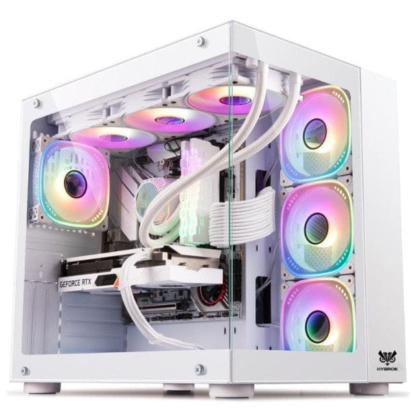 Boîtier PC Hybrok Titan Evo blanc avec 7 ventilateurs ARGB chez multitech.ma Maroc Marrakech – refroidissement optimal, design lumineux, idéal pour configurations gaming hautes performances.