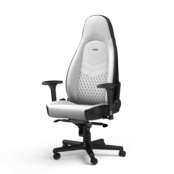 Fauteuil gaming Noblechairs ICON White/Black en similicuir, réglable avec accoudoirs 4D, dossier inclinable à 135° et capacité de charge jusqu'à 150 kg, conçu pour un confort optimal et un design élégant.Disponible chez Multitech