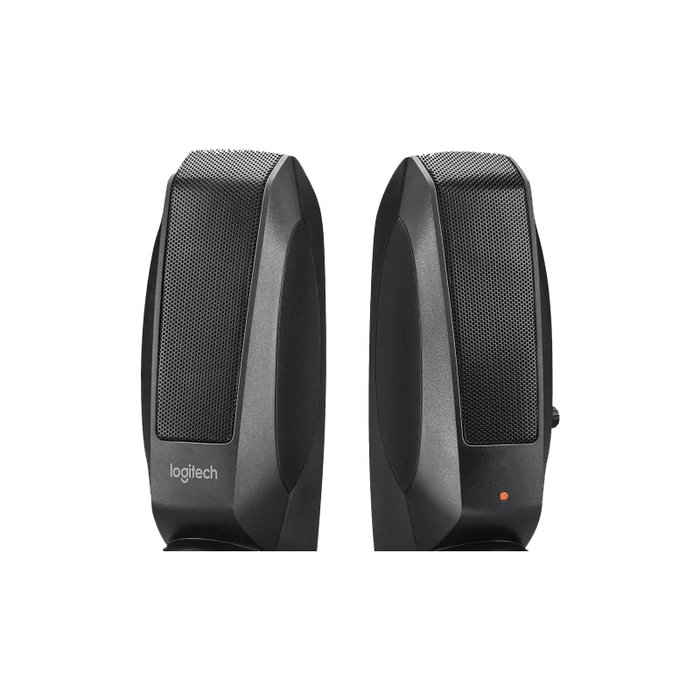 Logitech S120 haut-parleurs stéréo ultra-minces avec entrée 3,5 mm et contrôles sur l'enceinte droite, disponibles chez Multitech.ma.