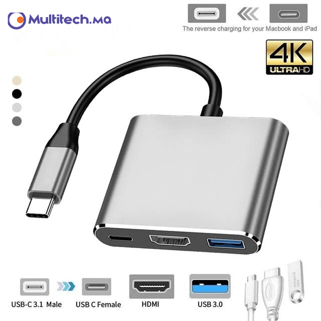 ADAPTEUR TYPE-C 3IN1  HDMI 4K/port USB 3.0/port de charge rapide PD, adaptateur AV numérique Android pour MacBook Pro, MacBook Air, projecteur, moniteur
