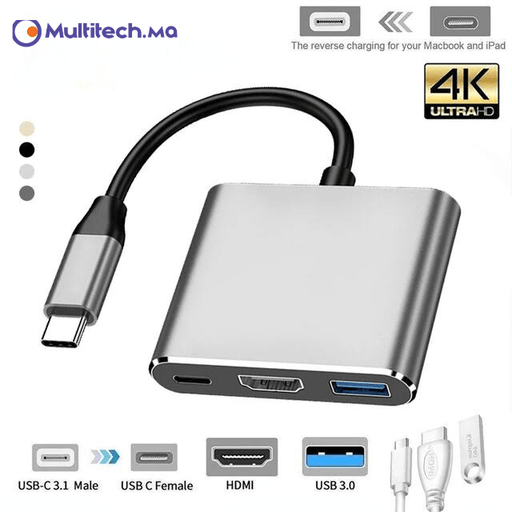 Adaptateur Multiport USB-C Trois en Un avec sortie HDMI 4K, port USB 3.0 et port de chargement USB-C, disponible chez Multitech.ma