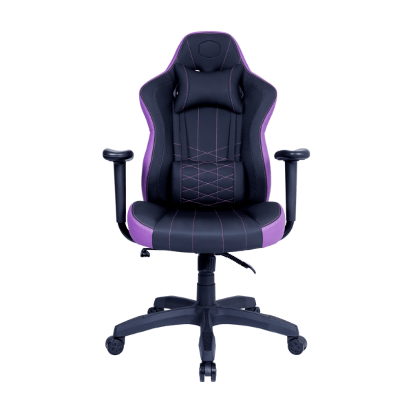 Chaise gaming Cooler Master Caliber E1 Purple en similicuir violet, avec dossier réglable et accoudoirs fixes pour un confort optimal sur Multitech.ma