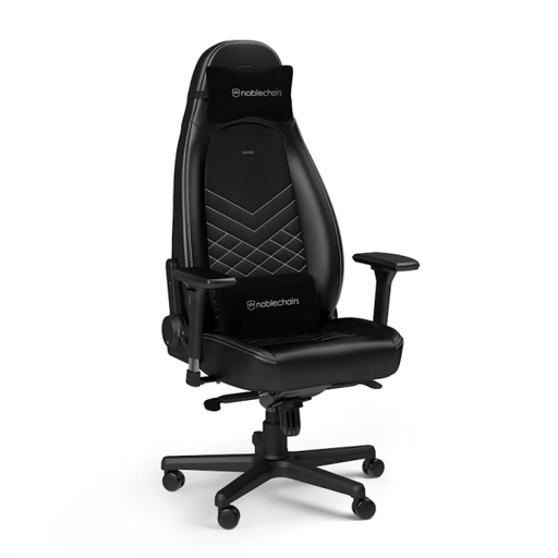 Noblechairs ICON Black/Platinum White – Fauteuil gaming en similicuir avec accoudoirs 4D et dossier inclinable, design chic et moderne.Disponible chez Multitech.ma