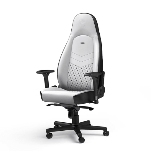 Fauteuil gaming Noblechairs ICON White/Black en similicuir, réglable avec accoudoirs 4D, dossier inclinable à 135° et capacité de charge jusqu'à 150 kg, conçu pour un confort optimal et un design élégant.Disponible chez  Multitech